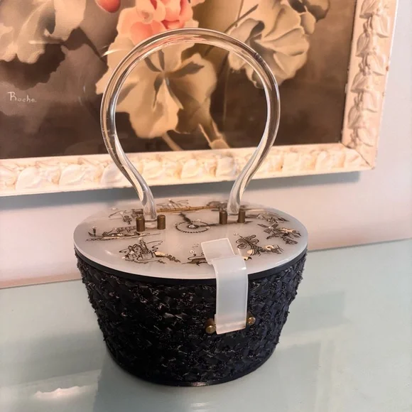 Vintage - Navy Woven Lucite Round Box Purse - Picture 1 of 7